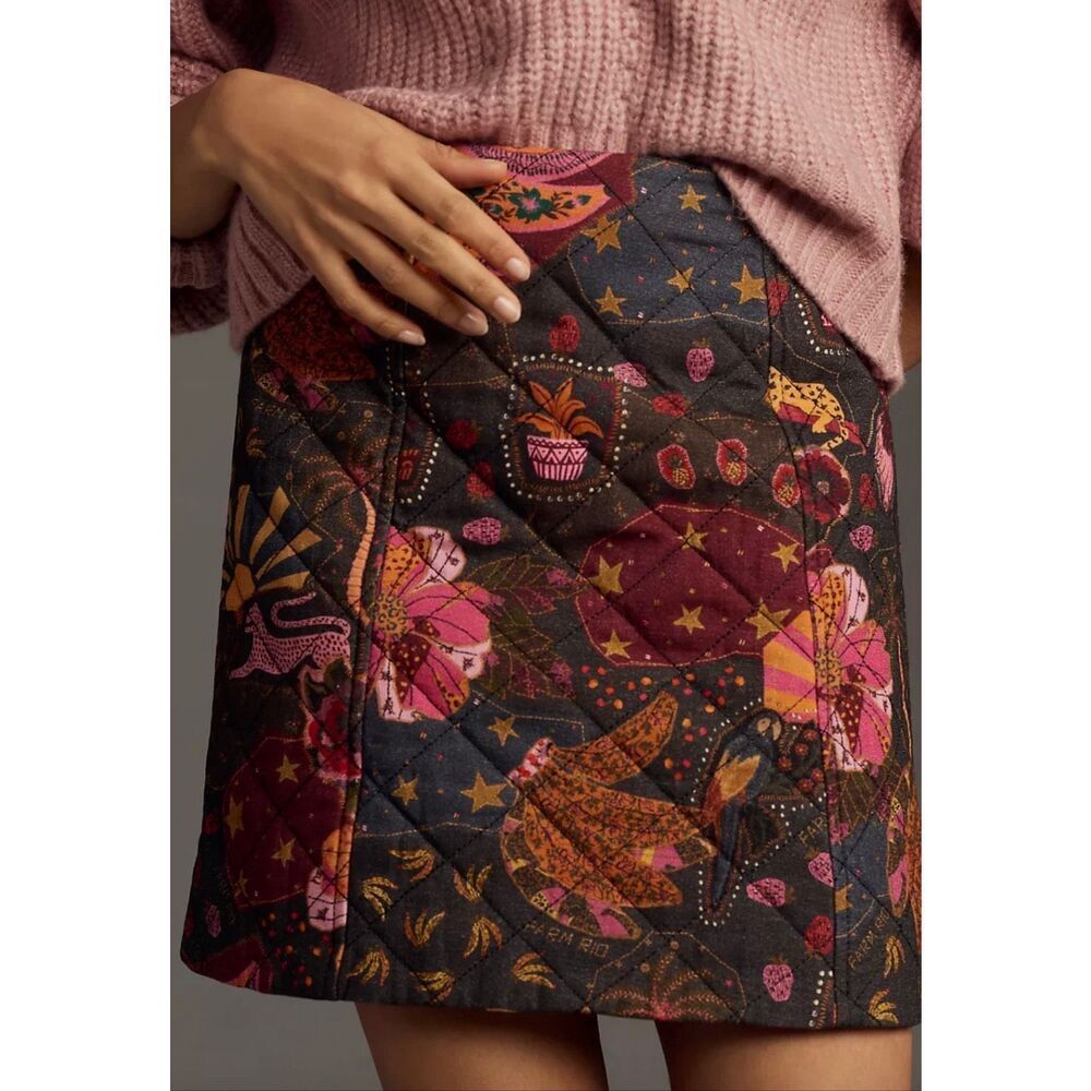 Farm Rio Anthropologie XS Quilted Mini Skirt Purple Orange Tigers - Picture 2 of 8